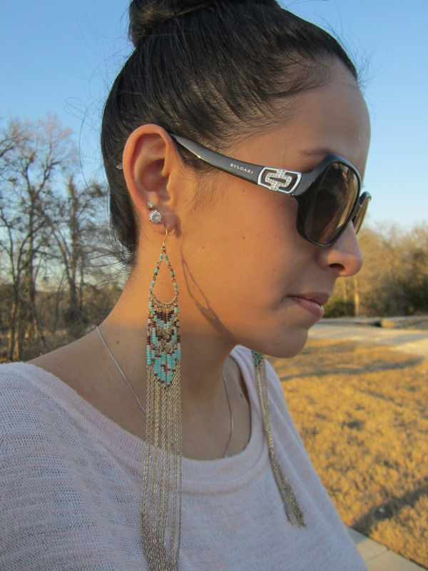 bulgari sunglasses pink shirt chandalier turquoise earrings